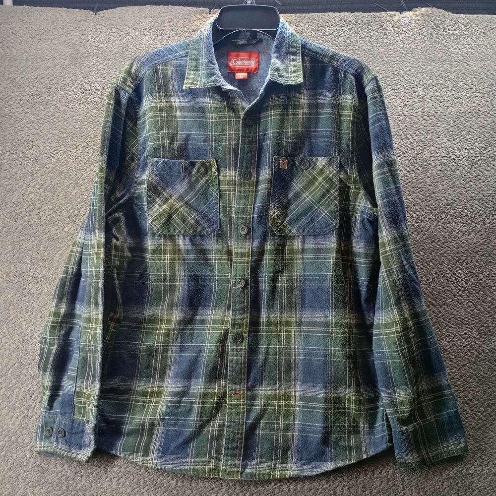 Coleman Flannel Shirt Mens Medium Green Blue Plaid Button Up Outdoor